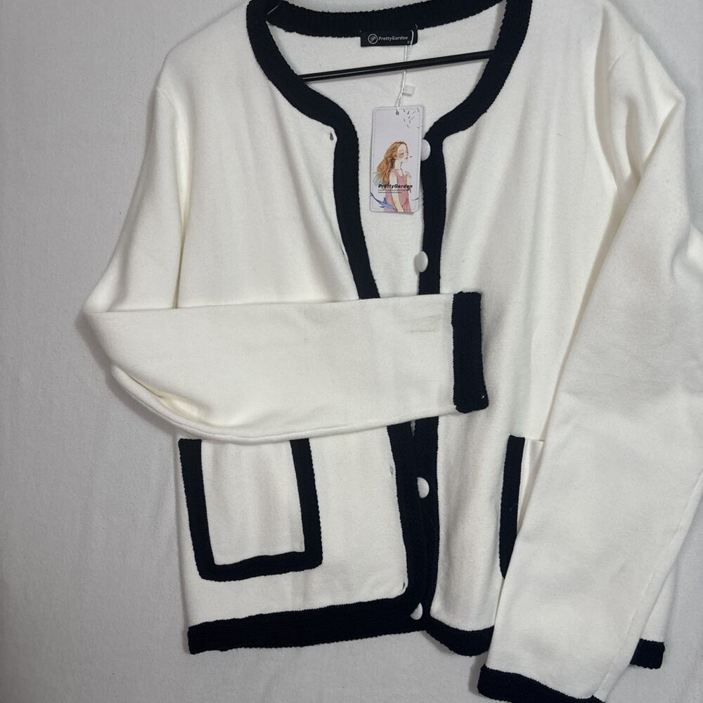 PrettyGarden Sweater Black White Striped Knit Acrylic Cotton Button Front Large